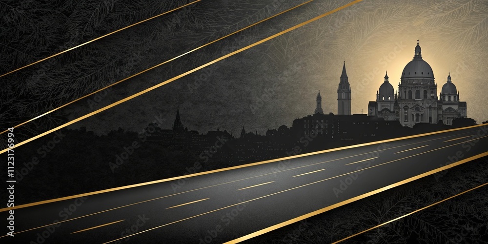 Poster A black and gold background with a city skyline in the foreground