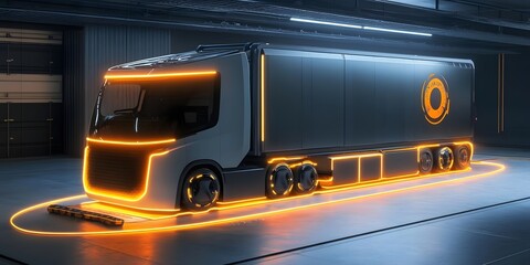 A futuristic truck design illuminated with orange lights, showcasing advanced transport technology.