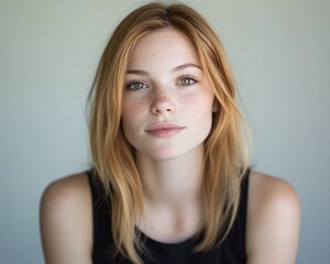 Naklejka premium Portrait of a young woman with freckles and light brown hair.
