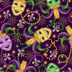 Seamless Mardi Gras pattern with comedy mask in jester hat, interlaced strings of beads, streamer ribbons, Fleur de Lis sign, stars. Randomly scattered objects. Festive holiday design. Vintage style