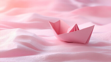 Obraz premium Minimalistic pink paper boat floating on a soft textured surface illustrations