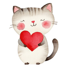 Simple watercolor cartoon illustration of a cat holding a red heart on a transparent background.