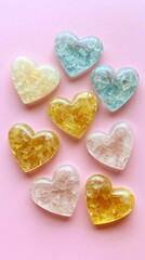 Fototapeta premium Valentine's Heart-Shaped Crystals Colorful Display Crafting Inspiration Home Decor Aesthetic Viewpoint Creative Concept