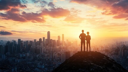 Fototapeta premium Silhouette of Two People at Sunset Overlooking a Cityscape