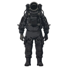 Illustration of a black astronaut suit worn by a space explorer, isolated on a white background.