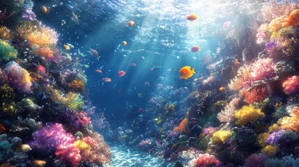 Fototapeta premium Vibrant coral reef teeming with colorful fish and sunlight.