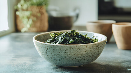 Seaweed chips presented in an organic ceramic bowl with a natural aesthetic