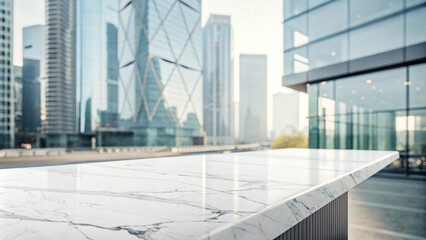 Fototapeta premium Marble Tabletop with Blurred Modern Cityscape Background