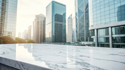 Fototapeta premium Marble Surface with Blurred Cityscape Background