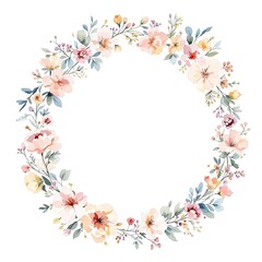 Obraz premium Artistic watercolor floral wreath on a white background, beautiful art, nature-inspired, hand painted, botanical design, decorative circle