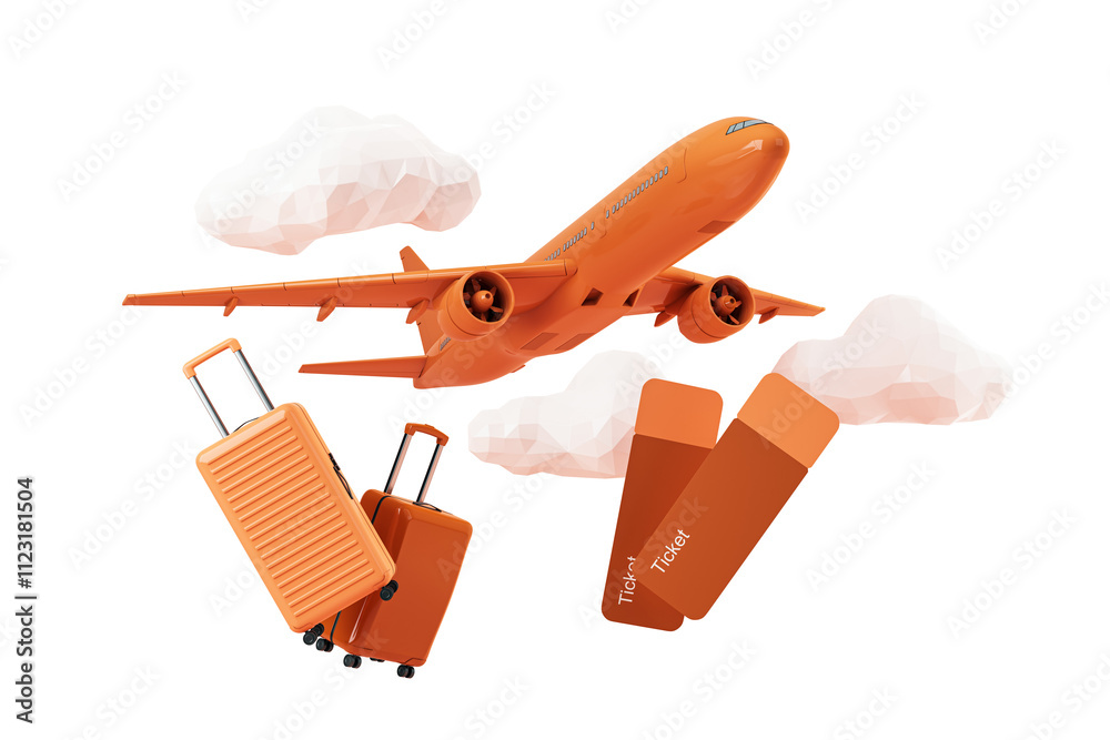 Poster orange airplane, suitcases, and tickets with abstract clouds, isolated on white background. concept 