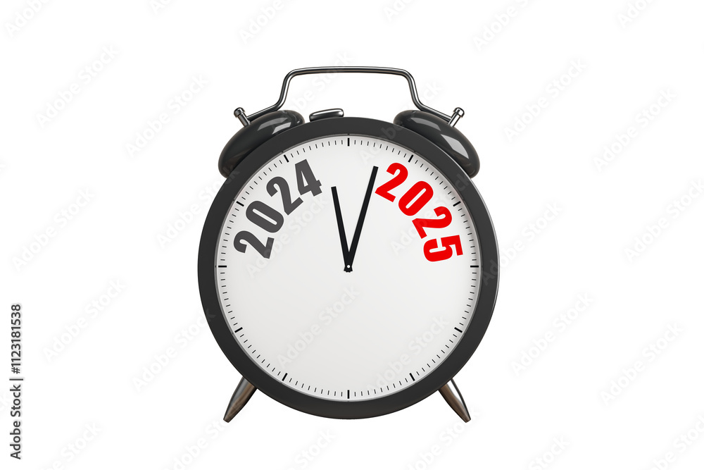 Poster black alarm clock displaying 2024 to 2025 transition, isolated on white background, clean layout. co