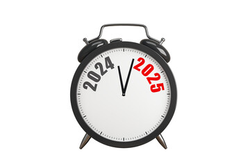 Black alarm clock displaying 2024 to 2025 transition, isolated on white background, clean layout....