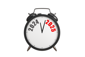 Black alarm clock displaying 2024 to 2025 transition, isolated on white background, clean layout. Concept of New Year time and countdown. 3D Rendering.