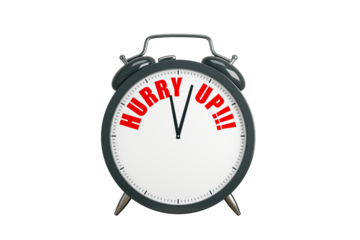 Black alarm clock with bold red Hurry Up!!! text on its white dial, isolated on a plain white background, symbolizing urgency and time. 3D Rendering.