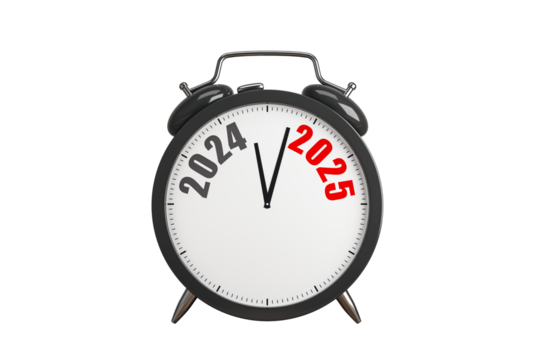 Black alarm clock displaying 2024 to 2025 transition, isolated on white background, clean layout. Concept of New Year time and countdown. 3D Rendering.