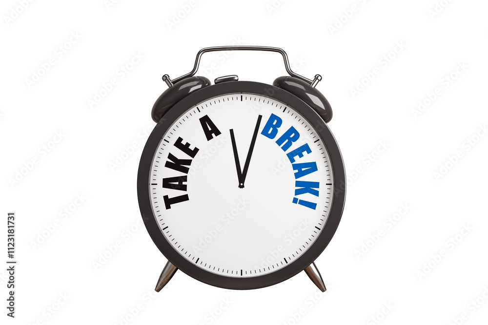 Fototapete black alarm clock with take a break! text on the dial, isolated on a white background, clean layout,