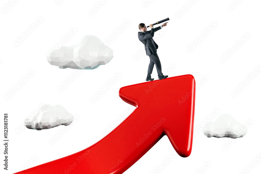 Poster businessman with telescope standing on a red arrow pointing upward, surrounded by abstract clouds, i