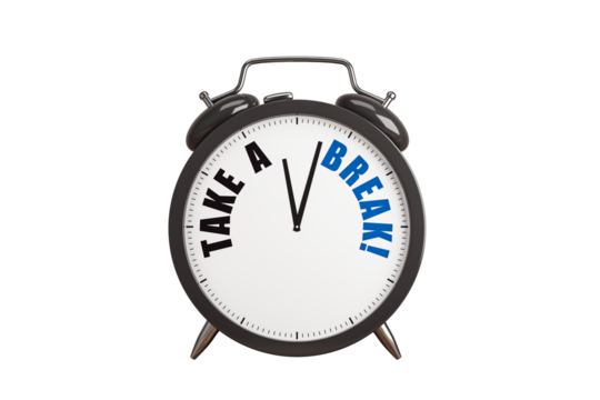 Black alarm clock with Take a Break! text on the dial, isolated on a white background, clean layout, concept of rest and relaxation. 3D Rendering. - Powered by Adobe