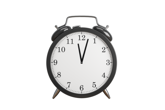 Metal alarm clock with black frame, white face, and black numbers, isolated on white background. Classic design concept, clean layout. 3D Rendering.