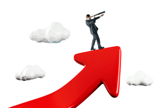 Businessman with telescope standing on a red arrow pointing upward, surrounded by abstract clouds, isolated on a white background, symbolizing growth and success