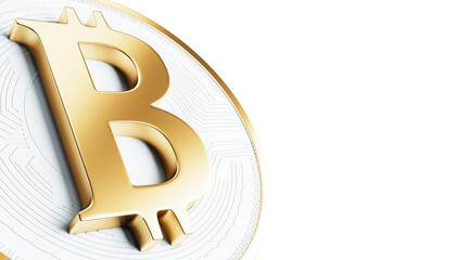 Golden Bitcoin symbol on a detailed cryptocurrency coin with circuit design, isolated on a white background. Concept of digital finance. 3D Rendering.