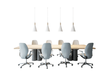 Office conference table with stylish chairs and pendant lights, isolated on a white background. Concept of workspace or boardroom design. 3D Rendering.