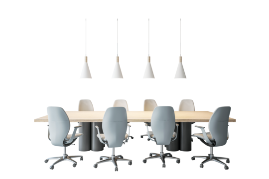 Office conference table with stylish chairs and pendant lights, isolated on a white background. Concept of workspace or boardroom design. 3D Rendering.