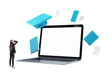 A businesswoman looks at a laptop with floating blue books and a graduation cap, isolated on a clean white background, symbolizing online education