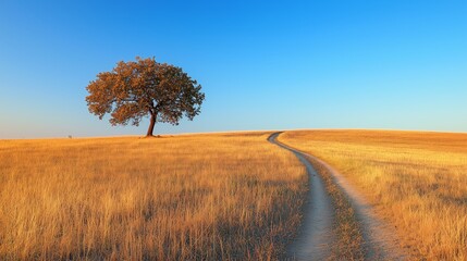 Fototapeta premium Serene Rural Landscape with Lone Tree and Winding Pathway