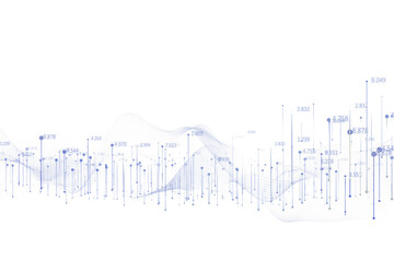 Abstract data visualization featuring numeric points, lines, and wavy graphics on a white background, concept of data analysis and technology. 3D Rendering.