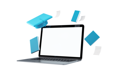 Laptop with a blank screen surrounded by floating blue books, graduation cap, and papers, isolated on a white background, concept of education. 3D Rendering.