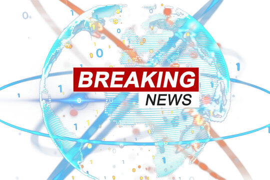 Digital Earth with binary code and Breaking News text highlighted in red and white over a clean white background. Media alert concept. 3D Rendering.