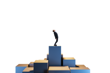 Businessman standing tilted on a blue block surrounded by golden cubes, minimalist style, isolated white background, concept of balance