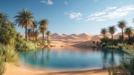 Obraz premium A peaceful desert oasis with a crystal-clear pool of water, surrounded by date palms, and sand dunes stretching into the distance