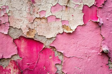 Fototapeta premium Weathered Wall with Cracking Pink Paint and Rough Texture Revealing Signs of Decay, Ideal for Background Use and Artistic Applications in Various Projects