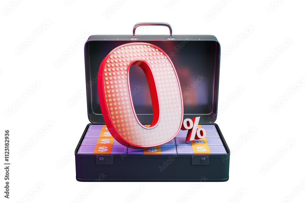 Poster metallic briefcase open with cash stacks and glowing 0% symbol, isolated on white background, clean 
