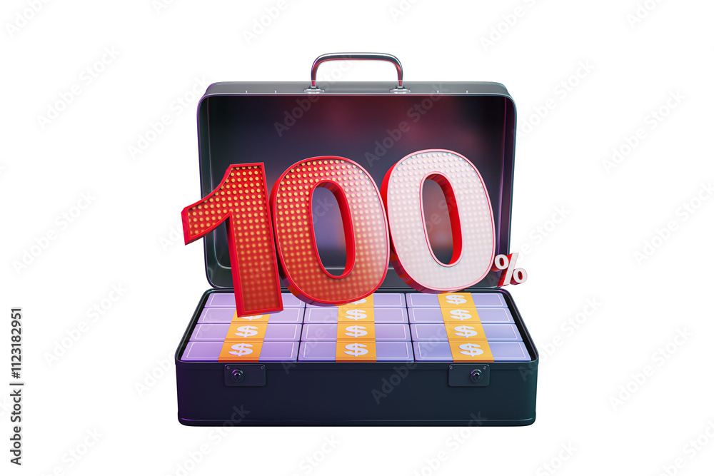 Poster open briefcase filled with cash bundles, featuring bold 100% text in red and white, isolated on a cl