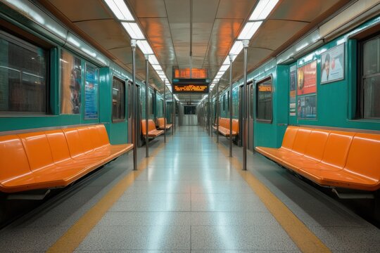 Empty subway train interior with vibrant orange seats in a modern urban setting