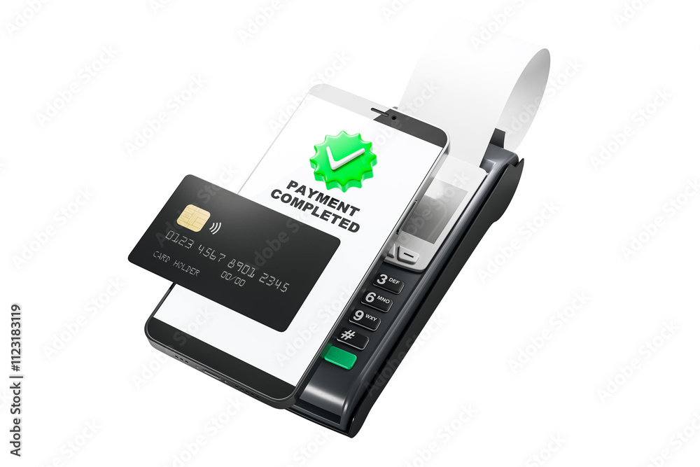 Poster contactless payment showing a smartphone with payment confirmation, a credit card tapping on a card 