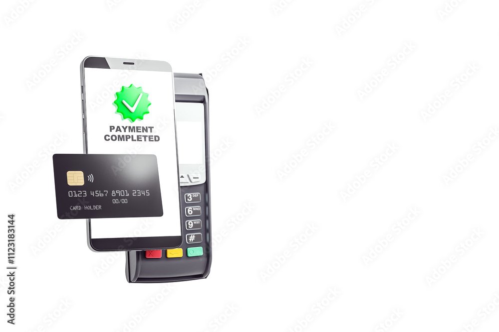 Poster Smartphone, credit card, and POS terminal showing wireless payment completion. Isolated white background. Concept of mobile banking. 3D Rendering.