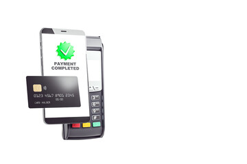 Smartphone, credit card, and POS terminal showing wireless payment completion. Isolated white background. Concept of mobile banking. 3D Rendering.