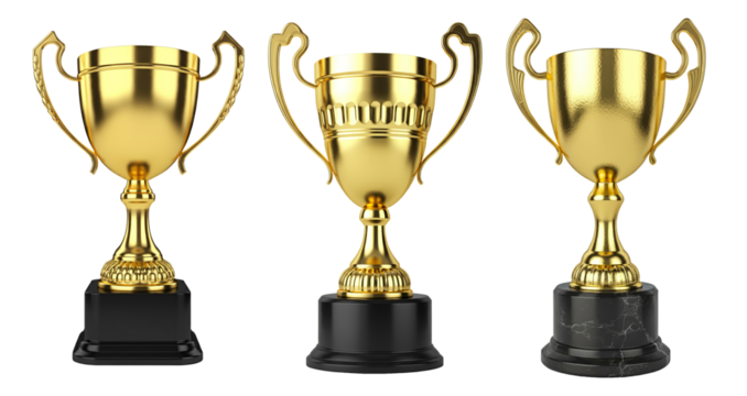 Collection of winner golden trophy cups isolated on a transparent background, Golden trophy cups, and winner awards isolated on a white background. To celebrate thesuccess PNG format for your designs
