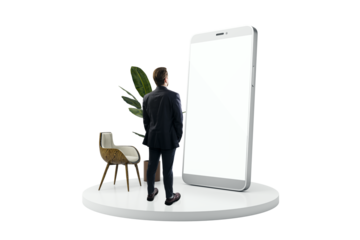 Businessman in suit on white platform with oversized smartphone, modern chair, and green plant on a clean white background, concept of technology