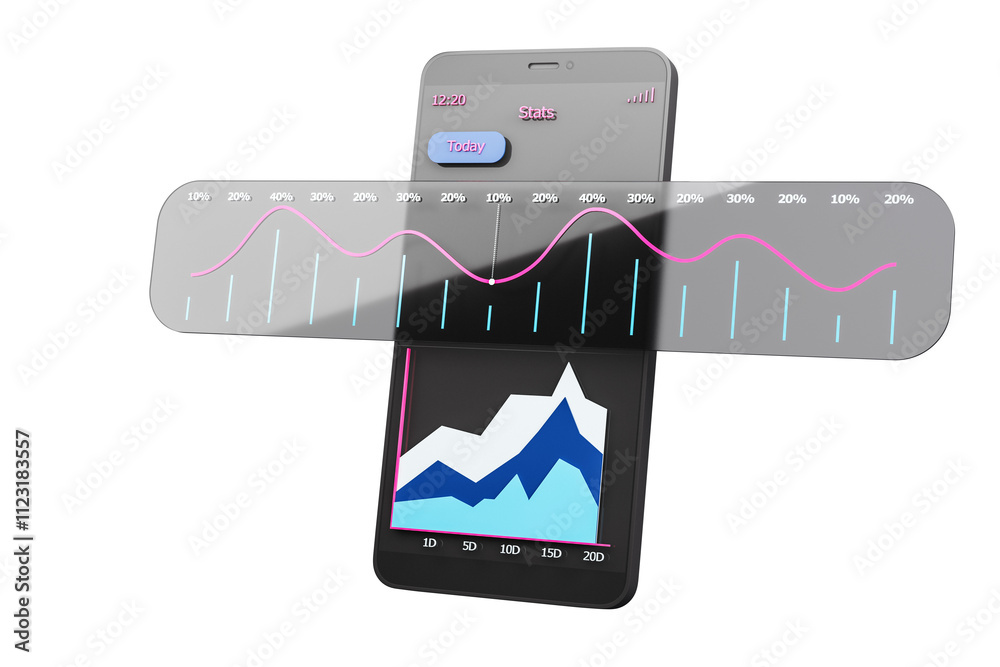 Aufkleber smartphone displaying trading graphs and charts, showcasing financial data trends. isolated on white