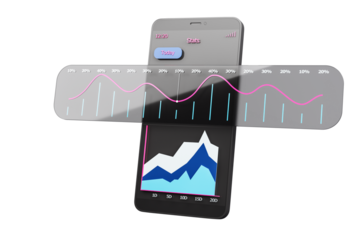Smartphone displaying trading graphs and charts, showcasing financial data trends. Isolated on white background, concept of business analysis. 3D Rendering.