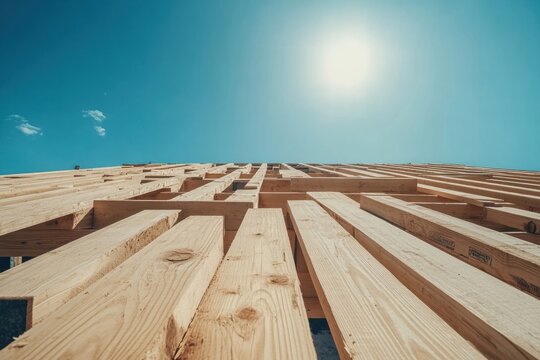 Building framework captures sunlight in clear blue sky at construction site during daytime