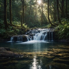 Obraz premium A forest clearing with a sparkling waterfall tumbling into a tranquil pool.
