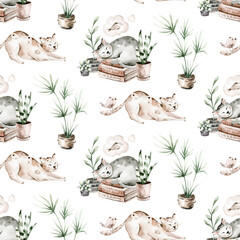 Watercolor Seamless Pattern with cute cartoon cats for Children on the white background. Kids scrapbooking paper and wallwaper design.