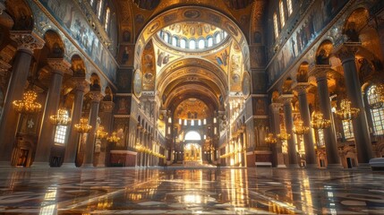 Fototapeta premium Breathtaking interior of a historic cathedral featuring ornate baroque style architecture with intricate details lavish gold arches and magnificent chandeliers